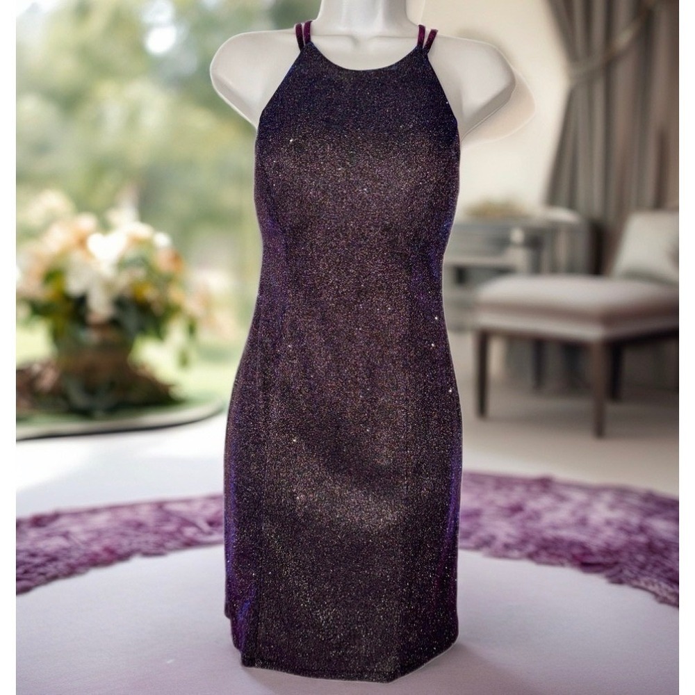 Dear Moon Mini Dress‎ Womens Size 1 Purple Sleeveless Metallic Strappy Back Chic